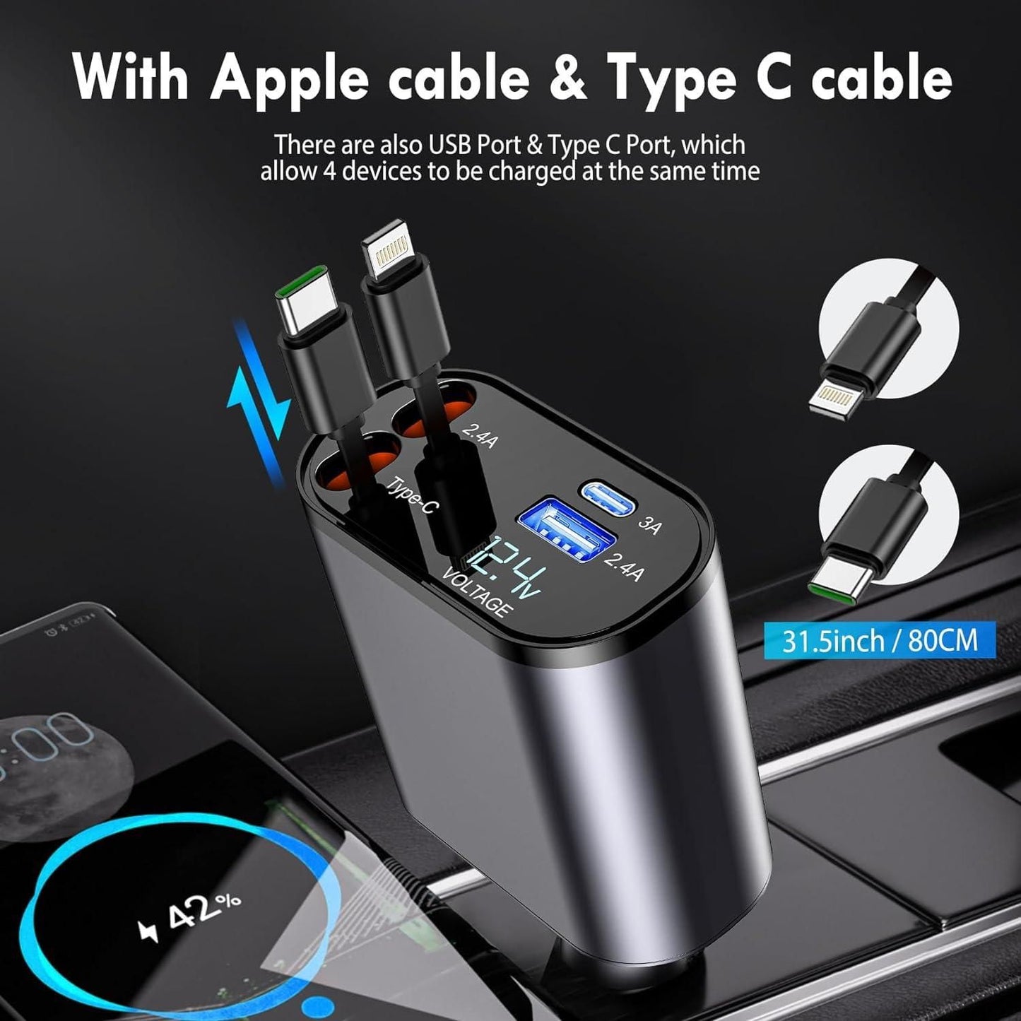 Kartezora 4 in 1 Retractable Car Charger